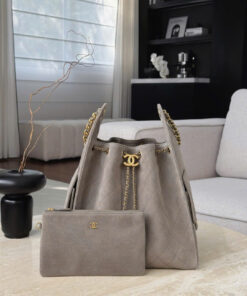 CHANEL 25 – MEDIUM – GREY – SUEDE CALFSKIN – GOLD