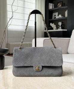 CHANEL MAXI FLAP BAG – SMALL – GRAY – SUEDE – GOLD CHAMPAGNE