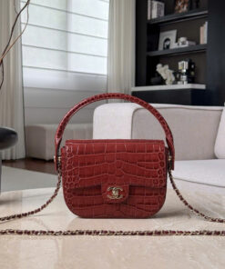 CHANEL FLAP BAG WITH HANDLE - BURGUNDY - CROCODILE EMBOSSED - GOLD CHAMPAGNE
