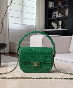 CHANEL FLAP BAG WITH HANDLE - GREEN - CROCODILE EMBOSSED - GOLD CHAMPAGNE
