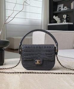 CHANEL FLAP BAG WITH HANDLE - DARK GREY - CROCODILE EMBOSSED - GOLD CHAMPAGNE