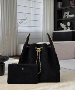 CHANEL 25 – MEDIUM – BLACK – SUEDE CALFSKIN – GOLD