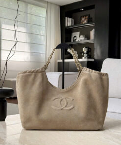 CHANEL CABAS HOBO BAG -SMALL - DARK BEIGE - SUEDE - GOLD