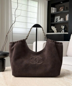 CHANEL CABAS HOBO BAG -SMALL - DARK BROWN - SUEDE - GOLD