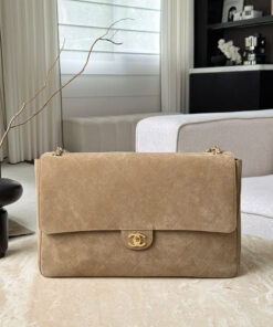 CHANEL MAXI FLAP BAG – LARGE – BEIGE – SUEDE – GOLD